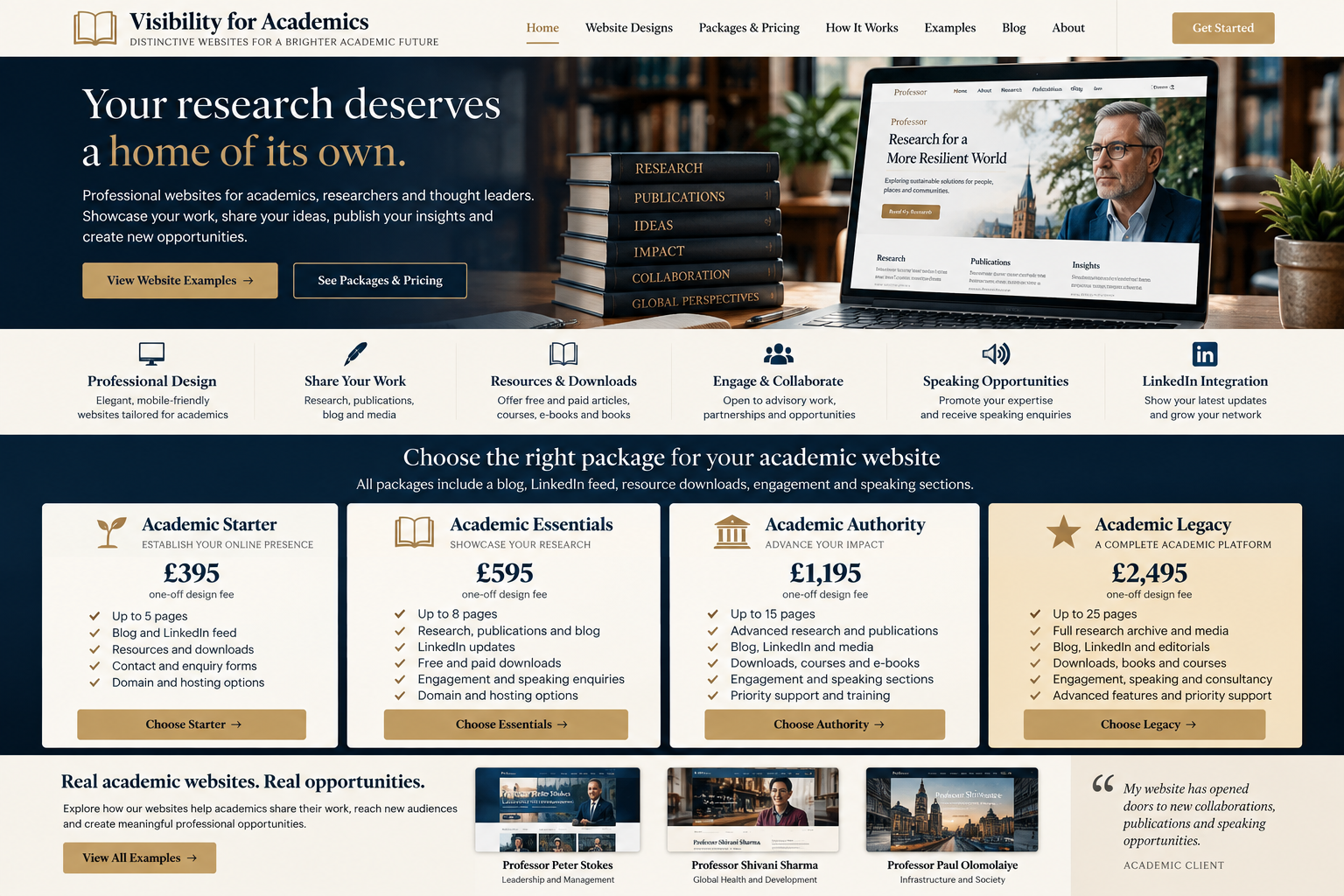 Illustrative visual design showing academic website features and package presentation